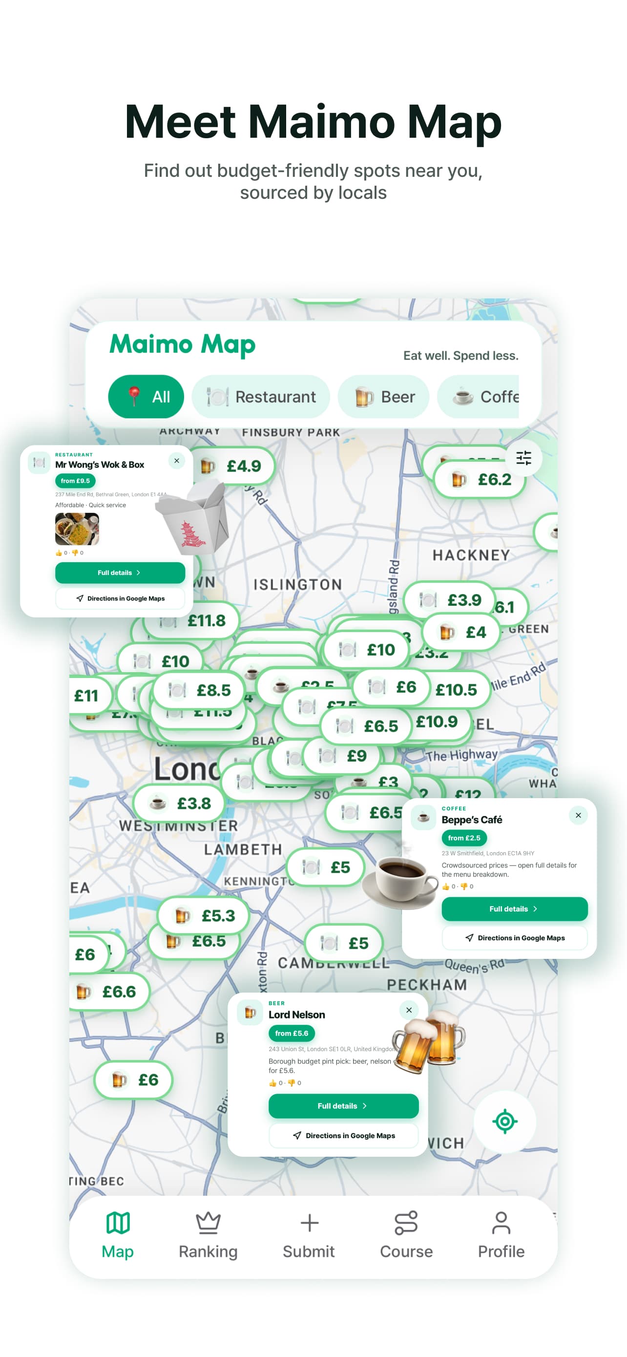 Maimo Map showing budget-friendly food, coffee and beer prices across London