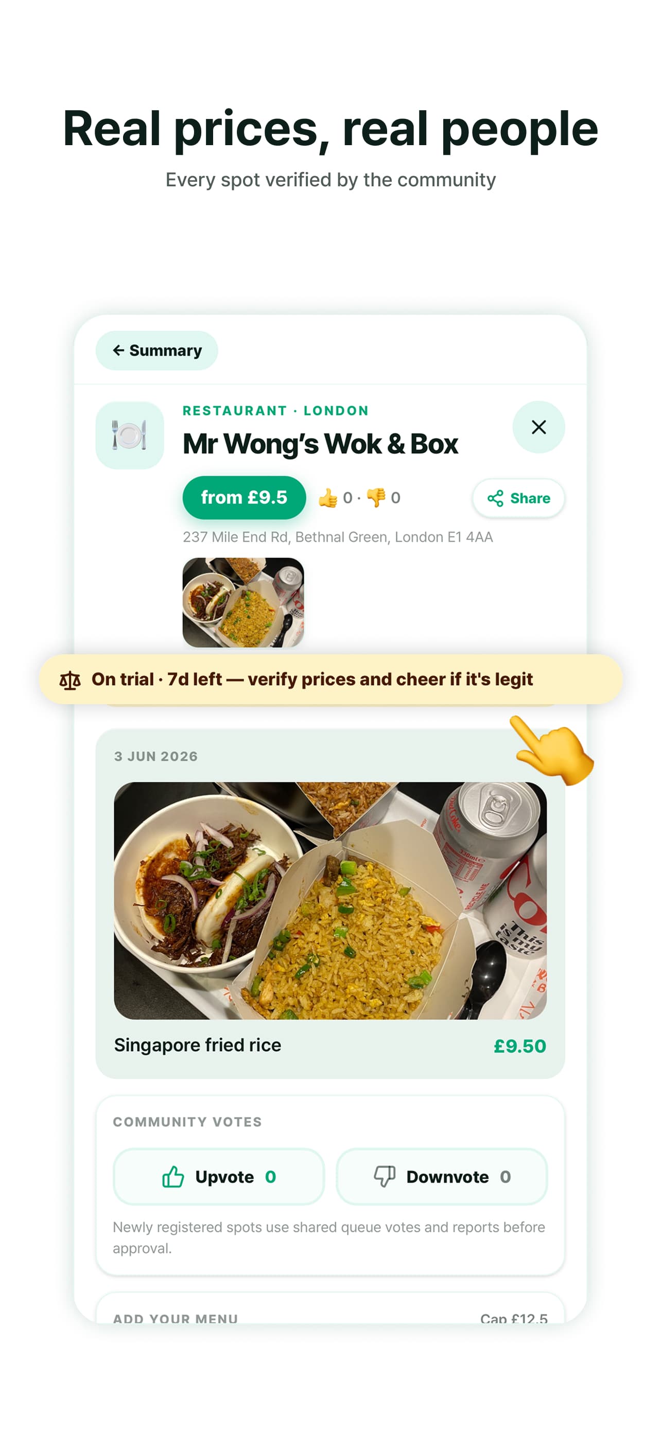 Maimo Map venue page showing real menu prices and community verification
