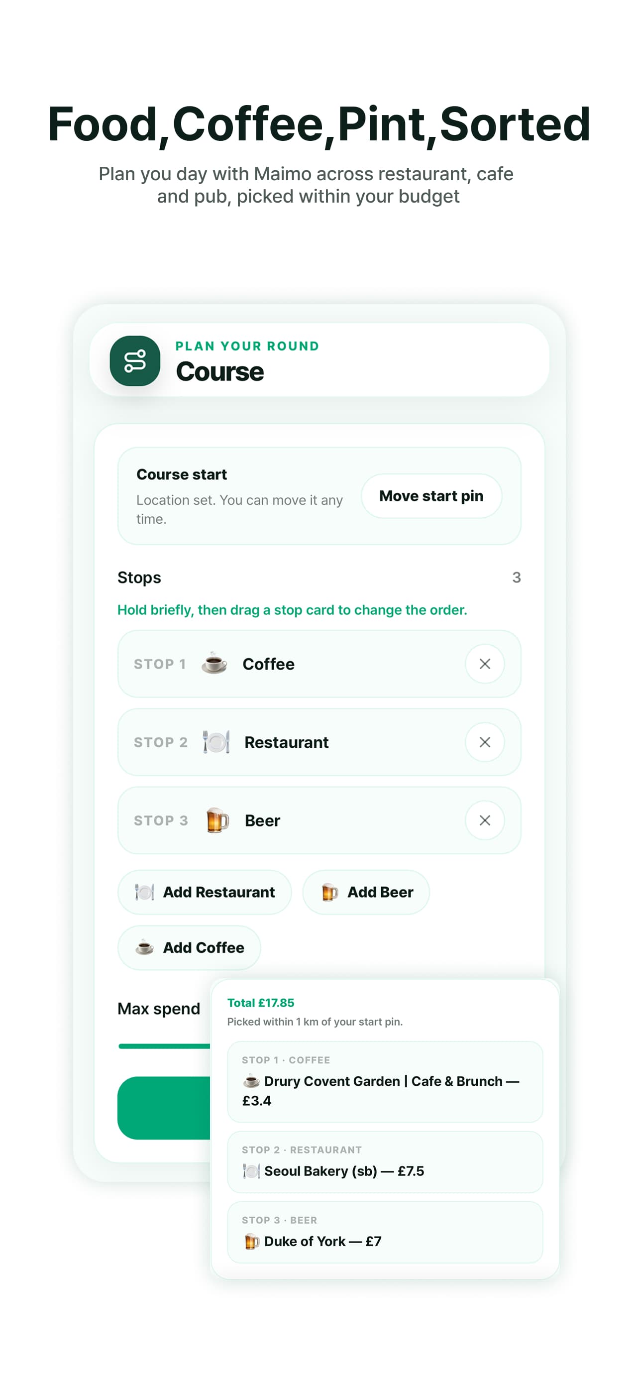 Maimo Map course planner arranging food, coffee and beer stops within a budget